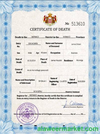 Monaco vital record death certificate PSD template